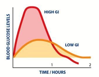 Graph showing what high GI and low GI foods do to blood glucose levels over time